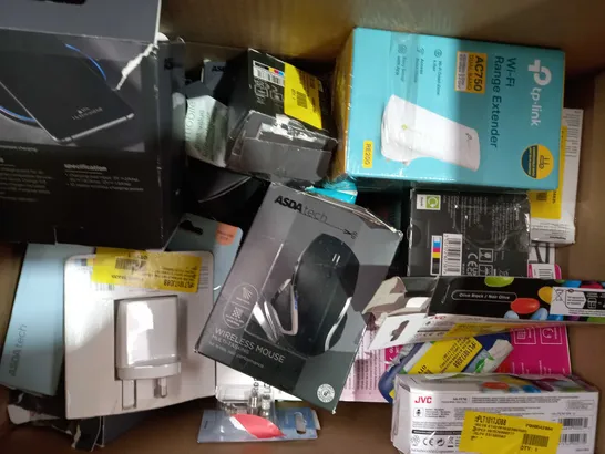 BOX OF APPROXIMATELY 20 ASSORTED ELECTRICAL ITEMS TO INCLUDE BLACKWEB WIRELESS MOUSE, AURALED COLORCLOCK, RAPOO M100 SILENT WIRELESS MOUSE, ETC