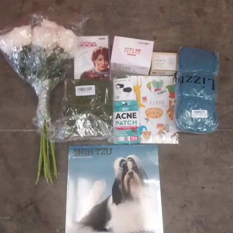 PALLET OF ASSORTED ITEMS INCLUDING FACE MASK, SHIH TZU 2023 CALANDER, ARTIFICIAL ROSES, VINTAGE LEATHER JOURNAL, FINGER PULSE OXIMETER, ACNE PATCH