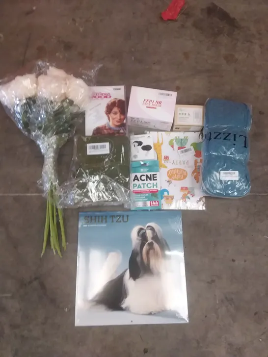 PALLET OF ASSORTED ITEMS INCLUDING FACE MASK, SHIH TZU 2023 CALANDER, ARTIFICIAL ROSES, VINTAGE LEATHER JOURNAL, FINGER PULSE OXIMETER, ACNE PATCH