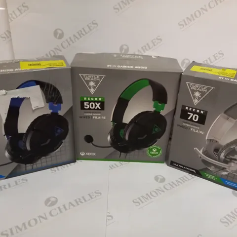 BOX OF 3 TURTLE BEACH WIRED GAMING HEADSETS INCLUDING RECON 70 (MULTIPLATFORM), RECON 50X (XBOX) AND RECON 50P (PS4/PS5)