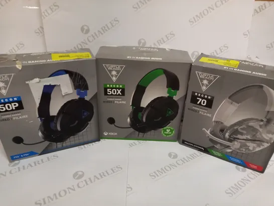 BOX OF 3 TURTLE BEACH WIRED GAMING HEADSETS INCLUDING RECON 70 (MULTIPLATFORM), RECON 50X (XBOX) AND RECON 50P (PS4/PS5)