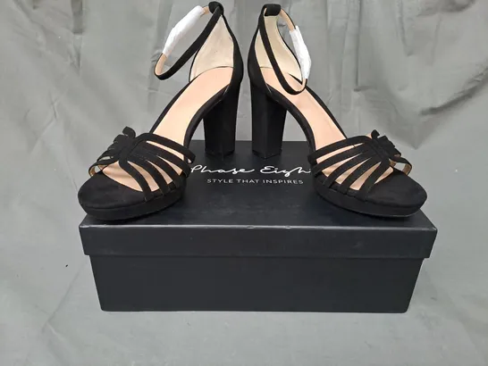 BOXED PAIR OF PHASE EIGHT SUED PLATFORM OPEN TOE BLOCK HEEL SHOES IN BLACK UK SIZE 4