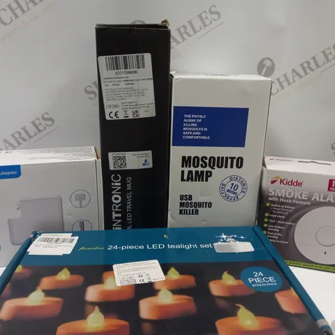 BOX OF 5 ASSORTED ITEMS TO INCLUDE NOTEBOOK AC ADAPTER. KIDDE SMOKE ALARM, LED CANDLE SET, ETC 