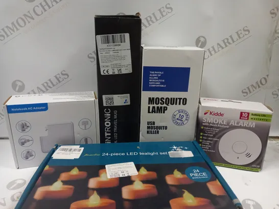 BOX OF 5 ASSORTED ITEMS TO INCLUDE NOTEBOOK AC ADAPTER. KIDDE SMOKE ALARM, LED CANDLE SET, ETC 