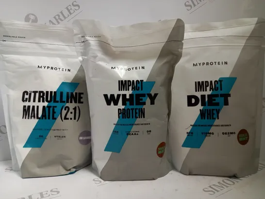 BOX OF 3 ASSORTED MY PROTEIN PRODUCTS TO INCLUDE CITRULLINE MALATE 2:1 UNFLAVOURED 500G, IMPACT WHEY PROTEIN CHOCOLATE MINT 500G, IMPACT DIET WHEY PROTEIN CHOCOLATE MINT 500G, ETC