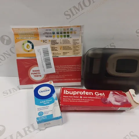 APPROXIMATELY 20 ASSORTED HEALTH PRODUCTS TO INCLUDE YUWELL BLOOD SUGAR MONITOR, IBUPROFEN GEL, OTRIVINE NASAL SPRAY, KIDNEY FUNCTION TEST ETC. 