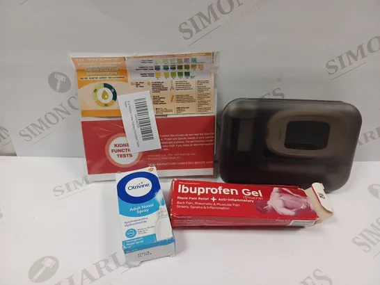 APPROXIMATELY 20 ASSORTED HEALTH PRODUCTS TO INCLUDE YUWELL BLOOD SUGAR MONITOR, IBUPROFEN GEL, OTRIVINE NASAL SPRAY, KIDNEY FUNCTION TEST ETC. 