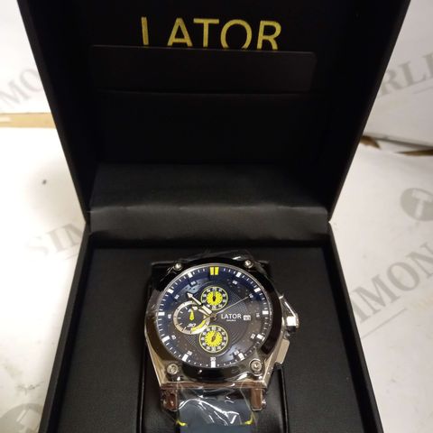 LATOR CALIBRE BLUE DIAL LEATHER STRAP WATCH