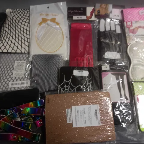 LOT OF APPROXIMATELY 40 ASSORTED CLOTHING AND ACCESSORIES TO INCLUDE FISHNET GLOVES, STOCKINGS AND BOOB TUBES