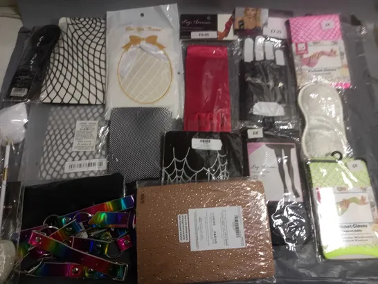 LOT OF APPROXIMATELY 40 ASSORTED CLOTHING AND ACCESSORIES TO INCLUDE FISHNET GLOVES, STOCKINGS AND BOOB TUBES