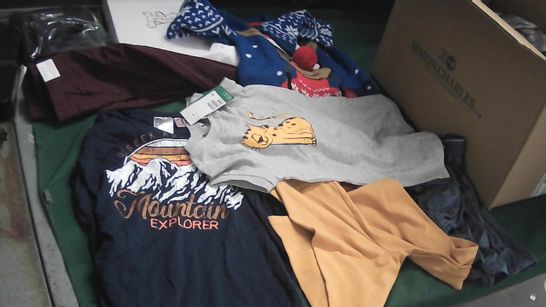 BOX OF ASSORTED BOYS CLOTHING TO INCLUDE TROUSERS, JUMPERS SLIPPERS