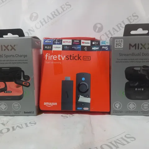 BOX OF APPROXIMATELY 15 ASSORTED ELECTRICAL ITEMS TO INCLUDE MIXX STREAMBUDS DOTS CHARGE, FIRE TV STICK LITE, MIXX STREAMBUDS SPORTS CHARGE, ETC