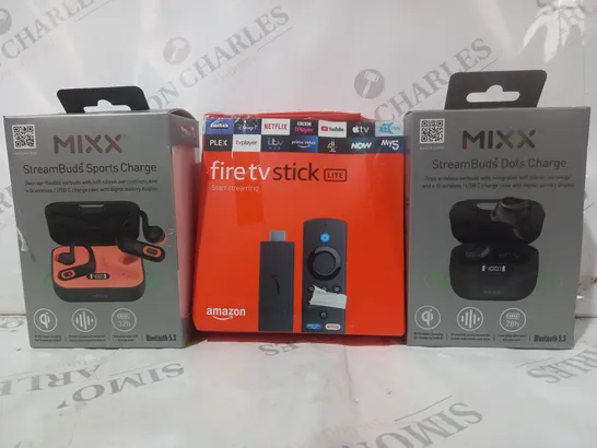 BOX OF APPROXIMATELY 15 ASSORTED ELECTRICAL ITEMS TO INCLUDE MIXX STREAMBUDS DOTS CHARGE, FIRE TV STICK LITE, MIXX STREAMBUDS SPORTS CHARGE, ETC