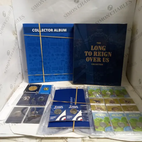 BOX TO CONTAIN AN ASSORTMENT OF COLLECTORS COINS, BINDERS AND COLLECTING POUCHES, INCLUDES RAF COINS, ROYAL FAMILY COINS, WILDLIFE COINS ETC 