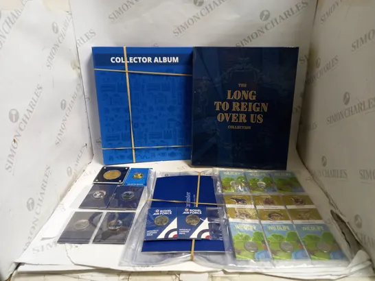 BOX TO CONTAIN AN ASSORTMENT OF COLLECTORS COINS, BINDERS AND COLLECTING POUCHES, INCLUDES RAF COINS, ROYAL FAMILY COINS, WILDLIFE COINS ETC 