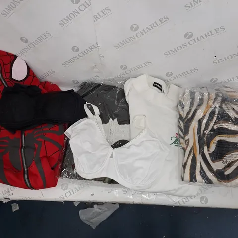 BOX OF ASSORTED CLOTHING ITEMS TO INCLUDE TOPS, JACKETS, UNDERWEAR ETC 
