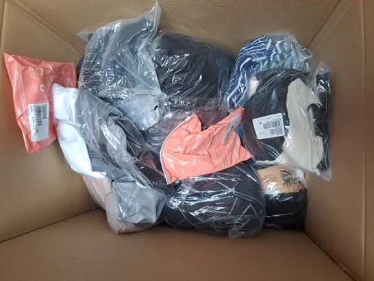 BOX OF ASSORTED CLOTHING ITEMS TOO INCLUDE COATS , TOPS, AND TROUSERS   ETC. 