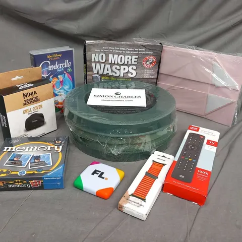 LARGE QUANTITY OF ASSORTED HOUSEHOLD PRODUCTS TO INCLUDE; NO MORE WASPS, CINDRELLA VHS, ONE FOR ALL REMOTE, BATMAN MEMORY GAME, NINJA GRILL COVER AND SCRATCH WORLD MAP