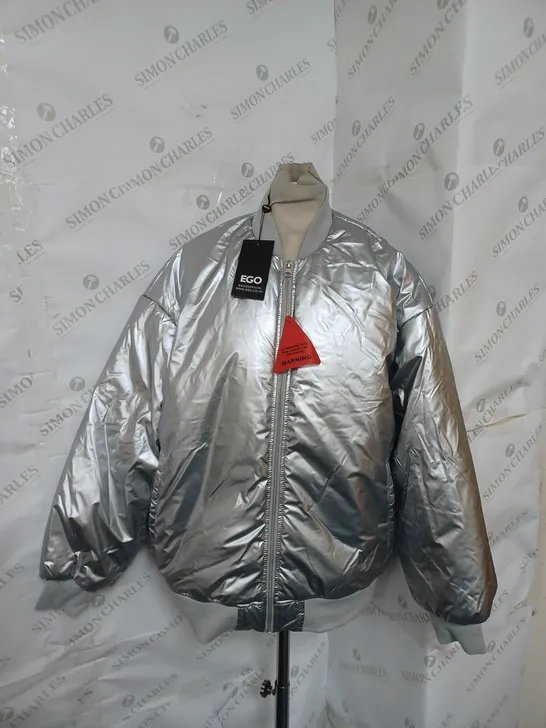 EGO OVERSIZED METALLIC BOMBER JACKET IN SILVER SIZE 6