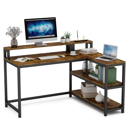 BOXED HONEYVILLE L-SHAPED COMPUTER DESK/TABLE WOOD TOP METAL BASE