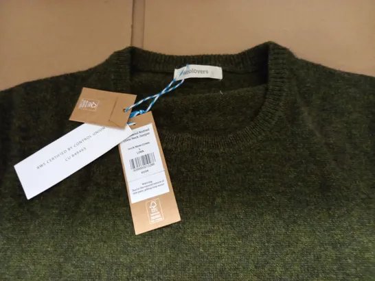 WOOLOVERS LAMBSWOOL KNITTED CREW NECK JUMPER IN DARK MOSS GREEN - L