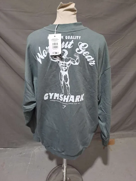 GYMSHARK WORKOUT GEAR OVERSIZED SWEATSHIRT IN GREY/GREEN SIZE S