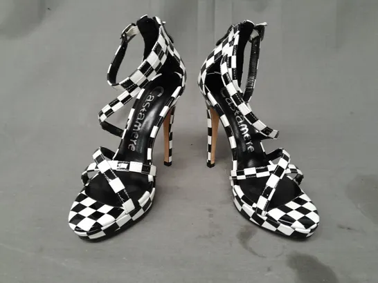 BOXED PAIR OF CASTAMERE OPEN TOE HIGH HEEL STRAPPY SANDALS IN BLACK/WHITE CHECKERBOARD EU SIZE 35