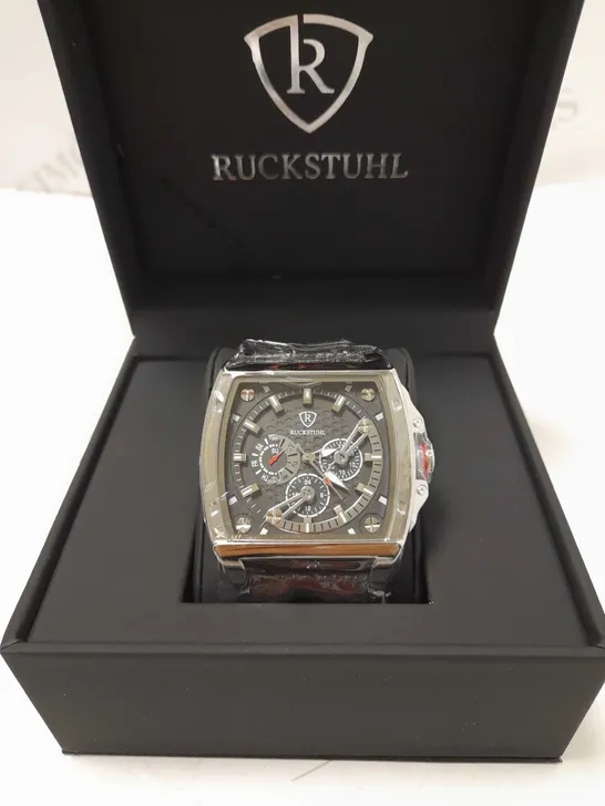 RUCKSTUHL TRIPLE DIAL BLACK LEATHER STRAP WRISTWATCH