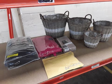 5 ASSORTED ITEMS TO INCLUDE: SET OF 4 STACKING BASKETS, VALANCE SHEET, PINK CURTAINS ETC