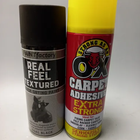 BOX OF APPROX 20 ADHESIVES TO INCLUDE - STRONG AS AN OX CARPET ADHESIVE - PAINT FACTORY REAL FEEL TEXTURED COAL BLACK 