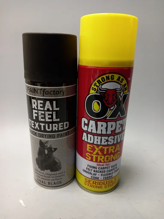 BOX OF APPROX 20 ADHESIVES TO INCLUDE - STRONG AS AN OX CARPET ADHESIVE - PAINT FACTORY REAL FEEL TEXTURED COAL BLACK 