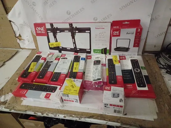 LOT OF APPROX 12 ASSORTED ONE-FOR-ALL ITEMS TO INCLUDE TV MOUNT, AERIAL, REMOTES ETC