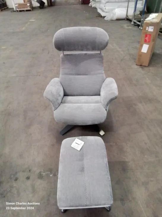 QUALITY FABRIC UPHOLSTERED GREY SWIVEL RECLINING ARMCHAIR AND FOOTSTOOL 