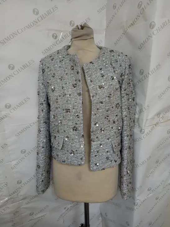 ZARA SPARKLE SEQUIN BLAZER STYLE JACKET IN SILVER SIZE M