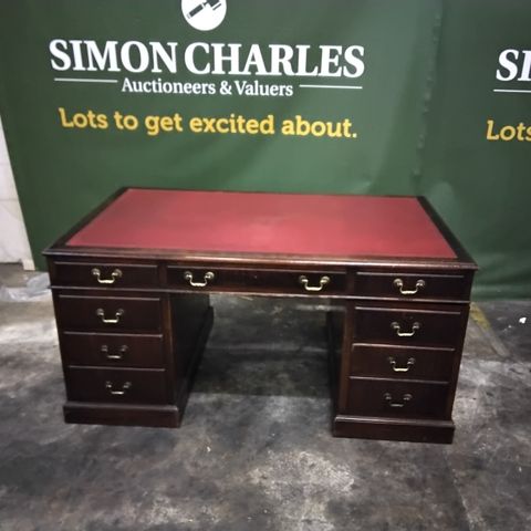 MAHOGANY PEDESTAL OFFICE DESK WITH RED LEATHER INSET TOP