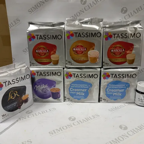 LOT OF 8 ITEMS TO INCLUDE 2 TASSIMO MARCILLA CORTADO, 2 TASSIMO CREAMER FROM MILK, TASSIMO MILKA, TASSIMNO ESPRESSO, MANUKA HONEY