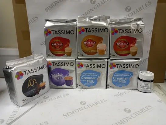 LOT OF 8 ITEMS TO INCLUDE 2 TASSIMO MARCILLA CORTADO, 2 TASSIMO CREAMER FROM MILK, TASSIMO MILKA, TASSIMNO ESPRESSO, MANUKA HONEY