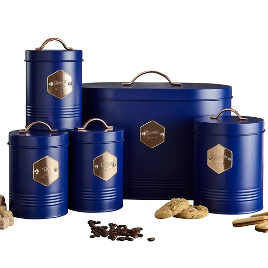 BOXED NEO RETRO INSPIRED SLEEK MATT & COPPER 5 PIECE KITCHEN CANISTER SET IN NAVY BLUE (1 BOX)