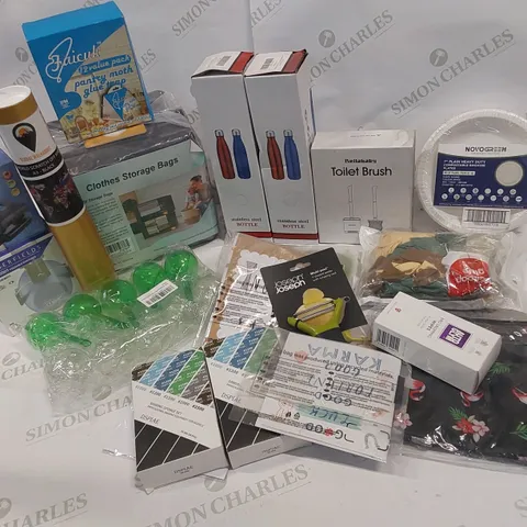18 BRAND NEW ITEMS TO INCLUDE: TOILET BRUSH, PACK OF PLATES, BAG OF BALLOONS, BOX OF BIRD DROPPING WIPES, JOSEPHJOSEPH MULTIPEEL, CLOTHES STORAGE BAGS