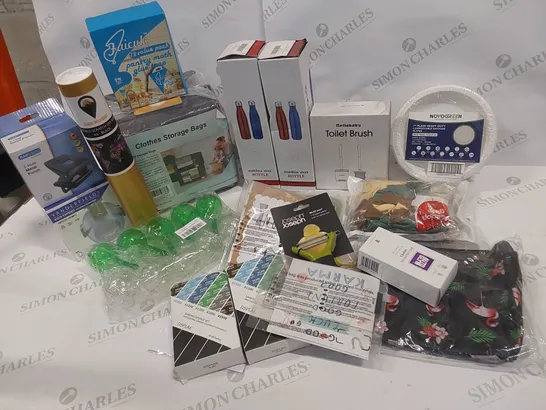 18 BRAND NEW ITEMS TO INCLUDE: TOILET BRUSH, PACK OF PLATES, BAG OF BALLOONS, BOX OF BIRD DROPPING WIPES, JOSEPHJOSEPH MULTIPEEL, CLOTHES STORAGE BAGS