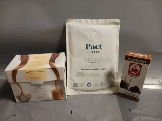 APPROXIMATELY 10 ASSORTED COFFEE & TEA PRODUCTS TO INCLUDE ESPRESSO CLASSICO PODS, PACT COFFEE HOUSE COFFEE (250g), BOXED HOTEL CHOCOLAT CAFFE MOCHA LATTE (10 SERVINGS), ETC