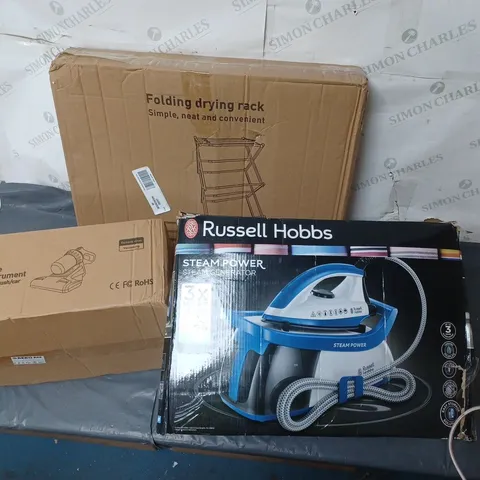 BOX OF VARIOUS HOUSEHOLD ITEMS TO INCLUDE, RUSSELL HOBBS STEAM POWER IRON, FOUR IN 1 MITE REMOVAL INSTRUMENT, FOLDING DRYING RACK ETC.