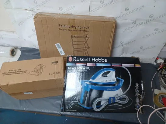 BOX OF VARIOUS HOUSEHOLD ITEMS TO INCLUDE, RUSSELL HOBBS STEAM POWER IRON, FOUR IN 1 MITE REMOVAL INSTRUMENT, FOLDING DRYING RACK ETC.