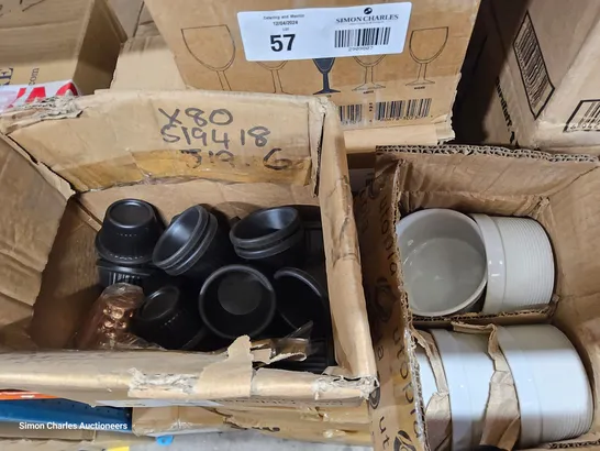 THREE BOXES ASSORTED CROCKERY, INCLUDING, 10 STONECAST SOUP BOWLS, 5 × RIBBED RAMAKINS & QUANTITY OF BUTTER POTS.