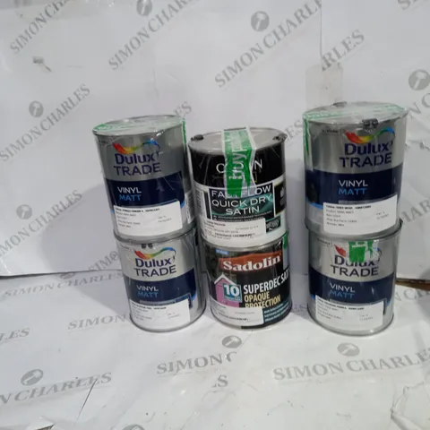 SIX POTS OF PAINT TO INCLUDE VINYL MATT, SUPERDEC SATIN, AND QUICKDRY SATIN 