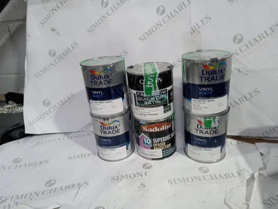 SIX POTS OF PAINT TO INCLUDE VINYL MATT, SUPERDEC SATIN, AND QUICKDRY SATIN 