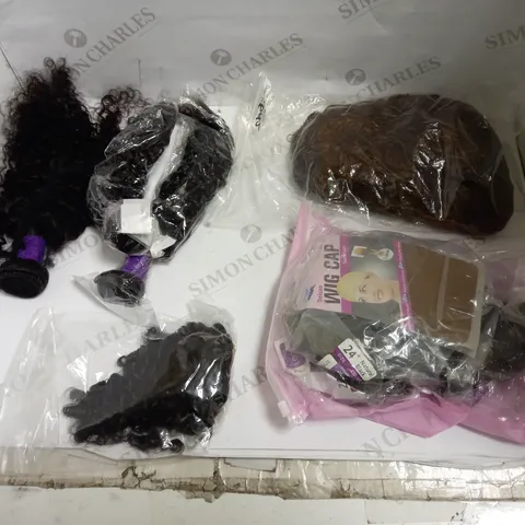 LOT OF 5 ASSORTED WIGS AND HAIR EXTENSIONS IN VARIOUS COLOURS