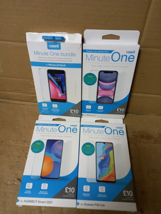 LOT OF MINUTE ONE ITEMS INCLUDING 1 BUNDLE FOR IPHONE 8/7/6S/6, 1 CLEAR CASE FOR IPHONE 11, 2 CLEAR CASES FOR HUAWEI P30 LITE