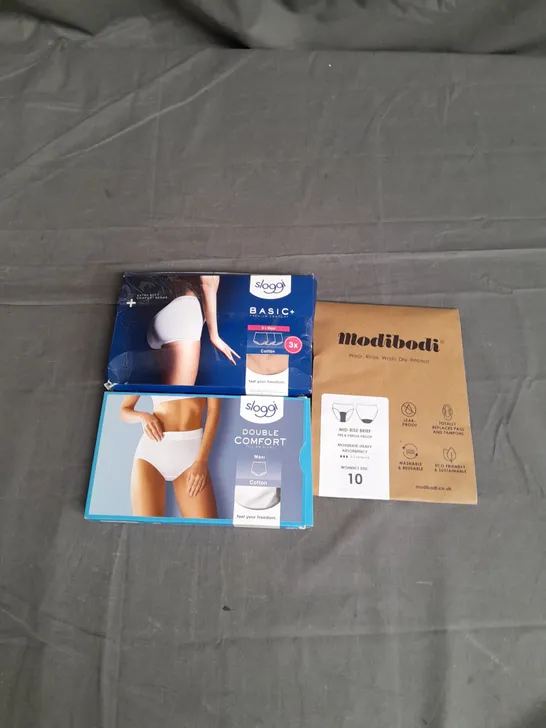 LOT OF 3 ASSORTED WOMENS UNDERWEAR TO INCLUDE SLOGGI BASIC AND MODIBODI MID-RISE BRIEFS