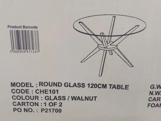 BOXED ROUND GLASS 120CM TABLE IN GLASS/WALNUT - 2 BOXES